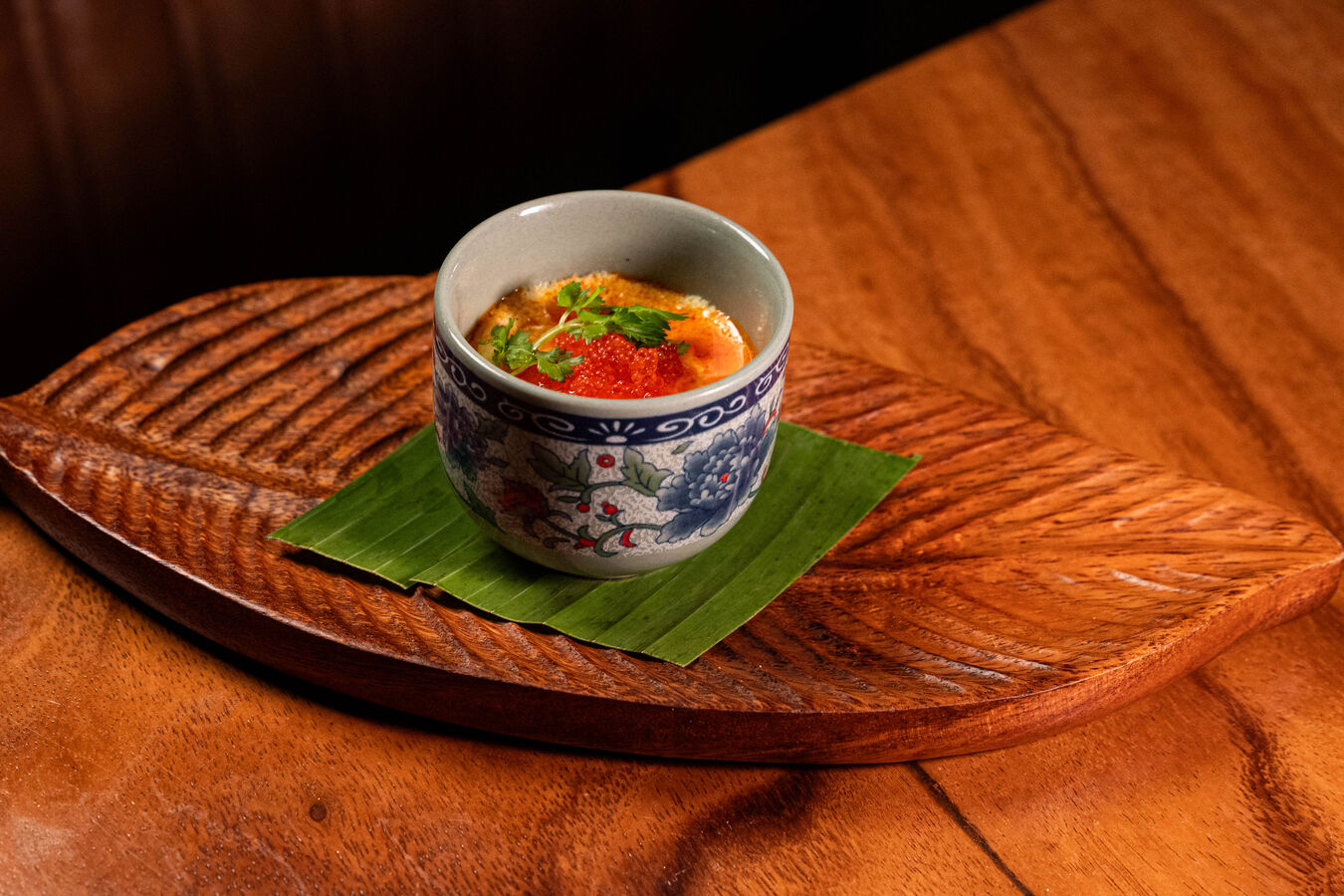 Chawanmushi — tom kha custard with salmon roe and clams