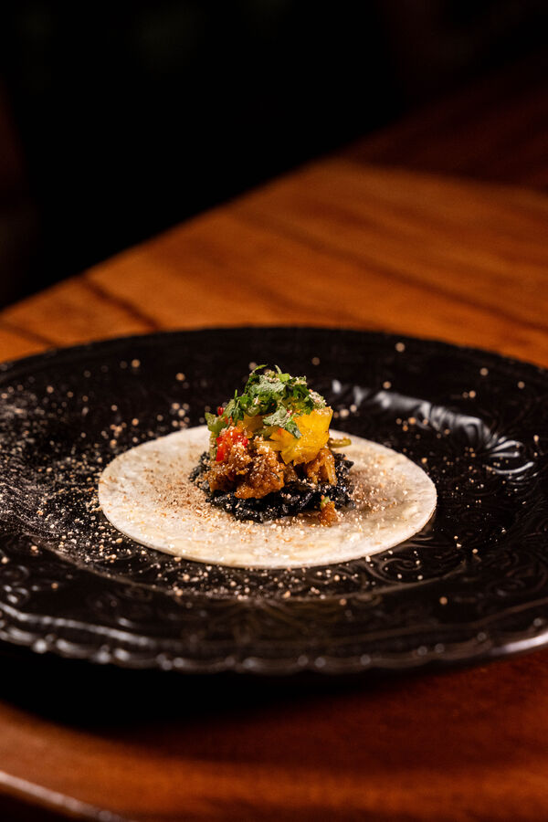 Larb pla — fish larb on tortilla with squid ink and tobiko