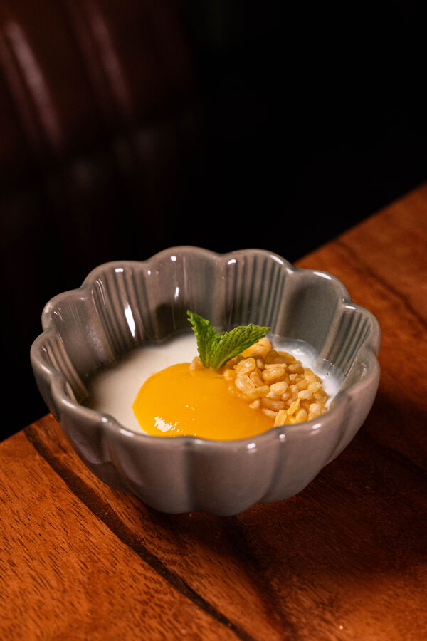 Ma muang — coconut panna cotta with Thai mango and crispy rice